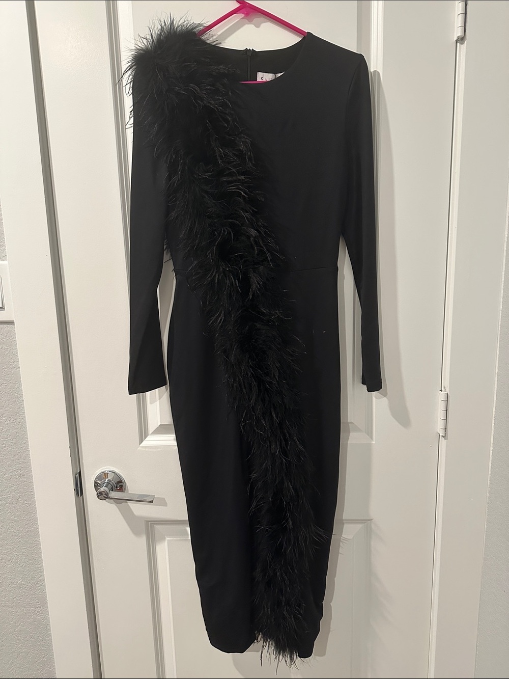 Club L London Black Long-Sleeve Midi Dress with Feather Trim